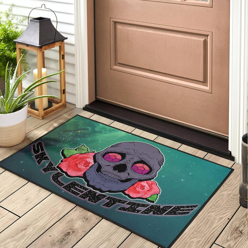 Valentine Door Mat - Skull With Roses Green Galaxy Sky Skylentine Door Mat Home Decor
