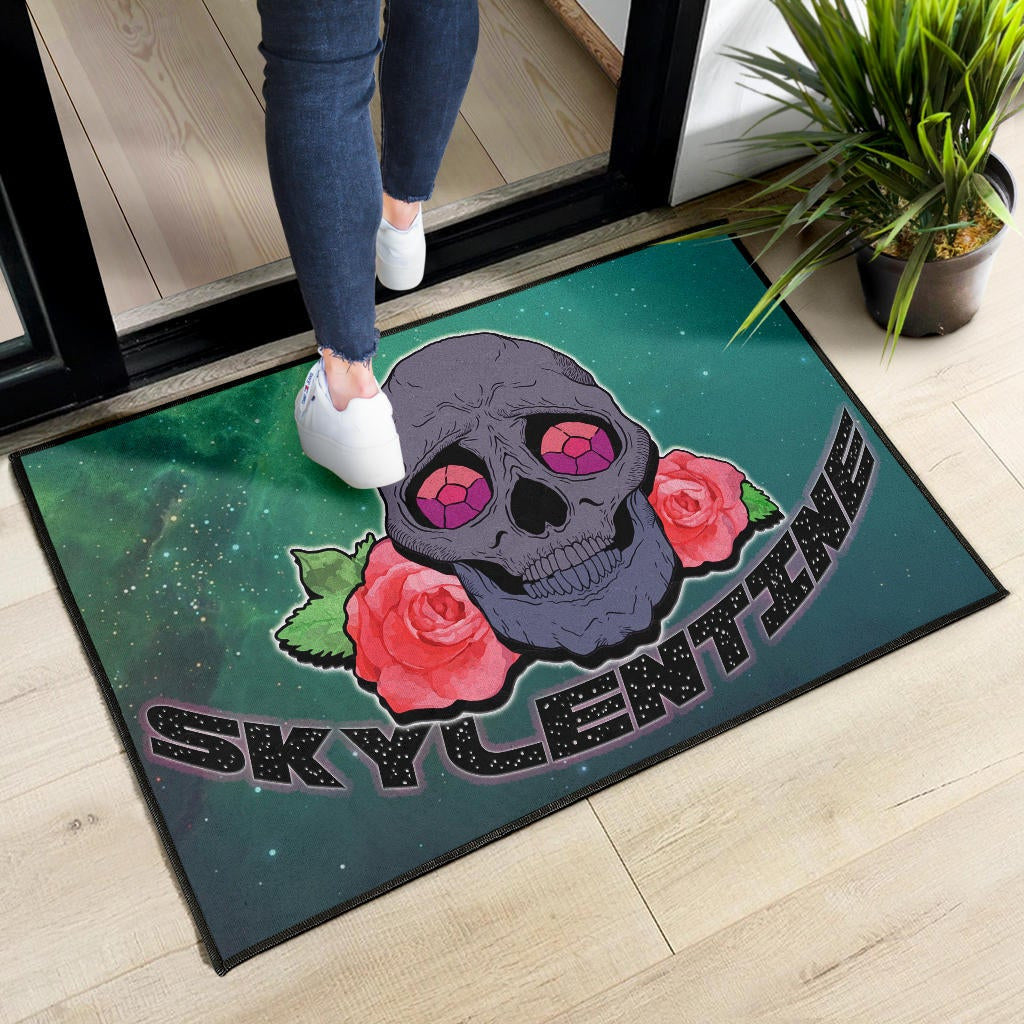 Valentine Door Mat - Skull With Roses Green Galaxy Sky Skylentine Door Mat Home Decor