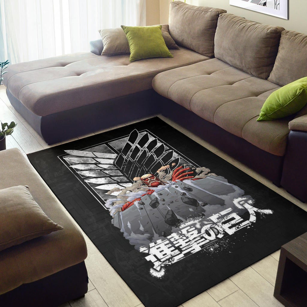 Attack On Titan Anime Area Rug - Colossal Titan Wrecking Wall Wings Of Freedom Symbol Rugs Home Decor