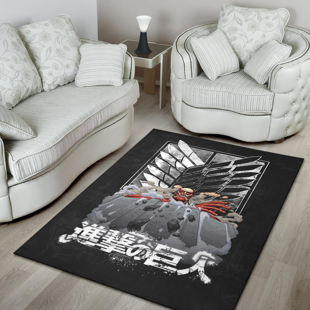 Attack On Titan Anime Area Rug - Colossal Titan Wrecking Wall Wings Of Freedom Symbol Rugs Home Decor