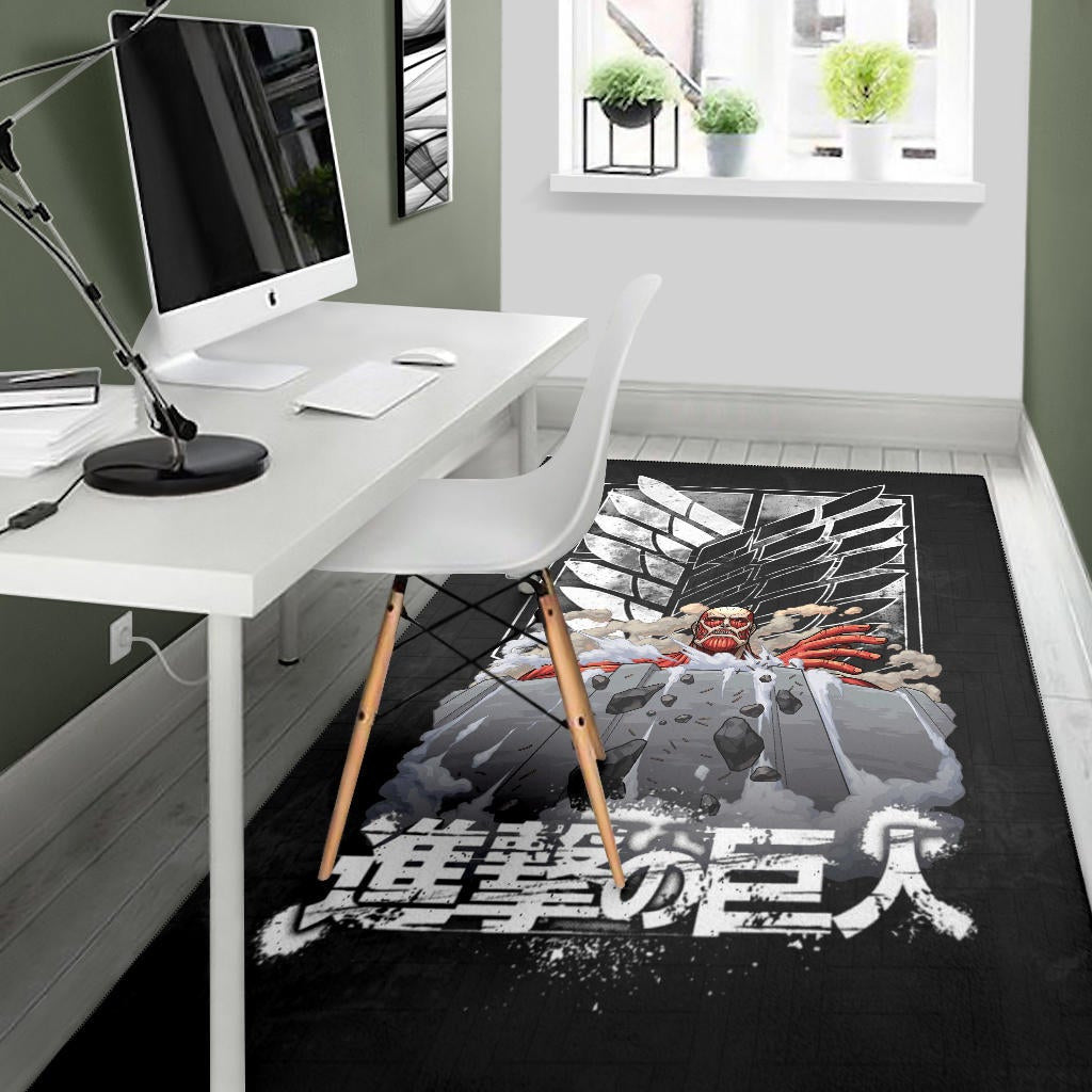Attack On Titan Anime Area Rug - Colossal Titan Wrecking Wall Wings Of Freedom Symbol Rugs Home Decor