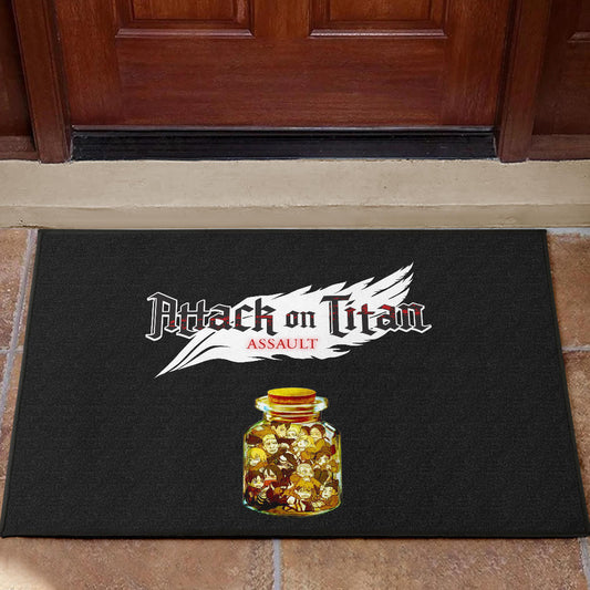 Attack On Titan Anime Door Mat - Funny Chibi Characters In Jar Bottle Trap Door Mat Home Decor