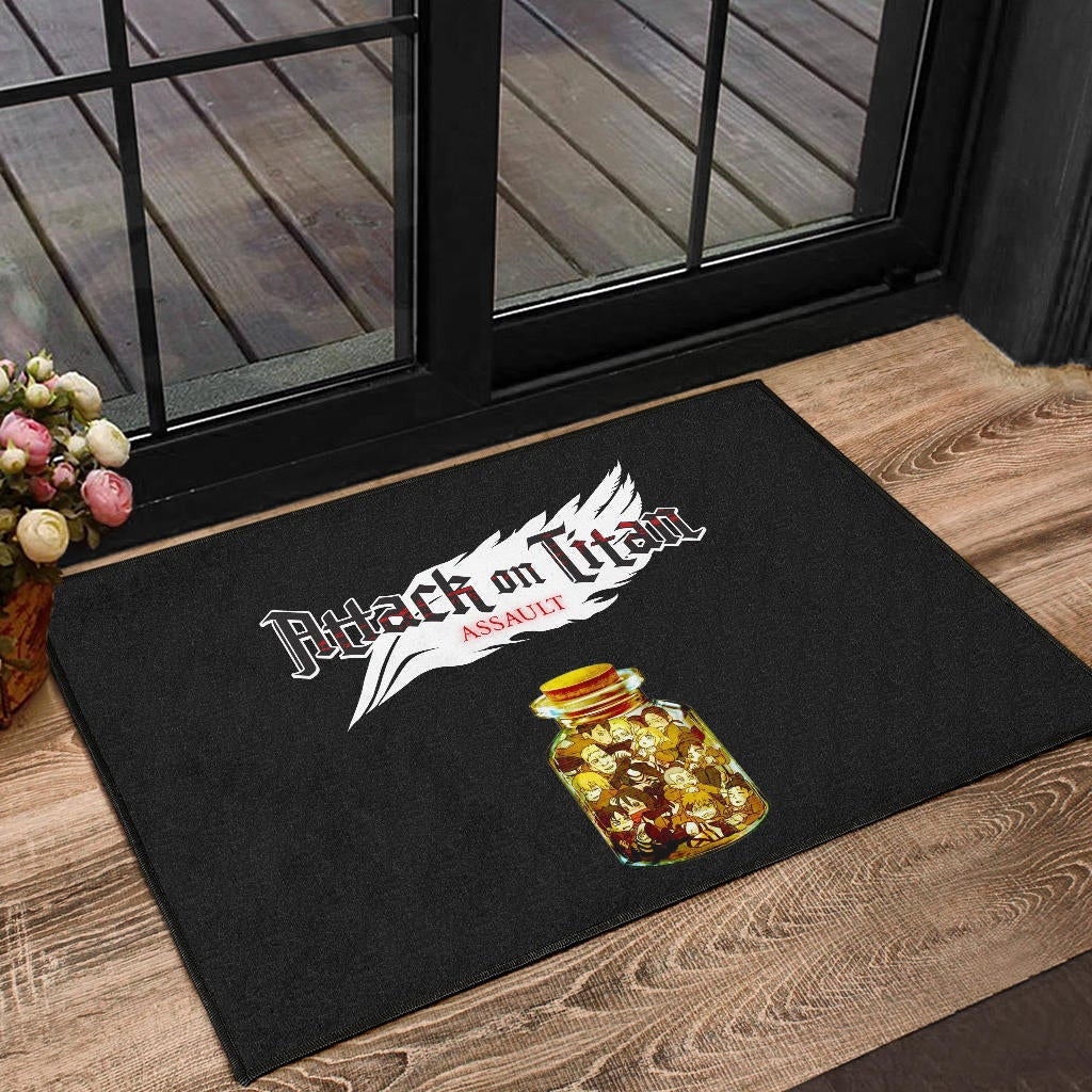 Attack On Titan Anime Door Mat - Funny Chibi Characters In Jar Bottle Trap Door Mat Home Decor