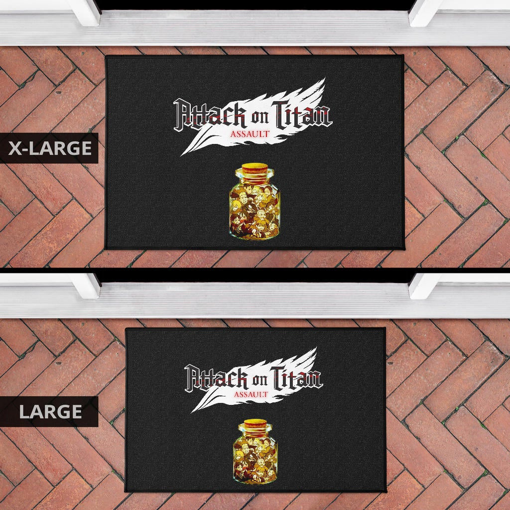 Attack On Titan Anime Door Mat - Funny Chibi Characters In Jar Bottle Trap Door Mat Home Decor
