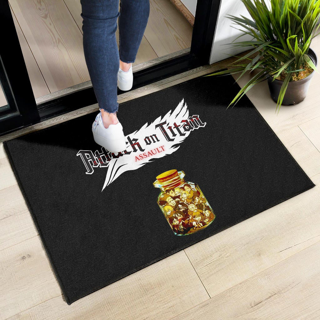 Attack On Titan Anime Door Mat - Funny Chibi Characters In Jar Bottle Trap Door Mat Home Decor