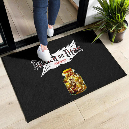 Attack On Titan Anime Door Mat - Funny Chibi Characters In Jar Bottle Trap Door Mat Home Decor