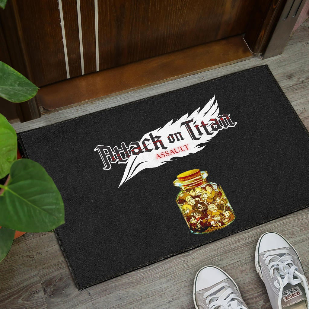 Attack On Titan Anime Door Mat - Funny Chibi Characters In Jar Bottle Trap Door Mat Home Decor