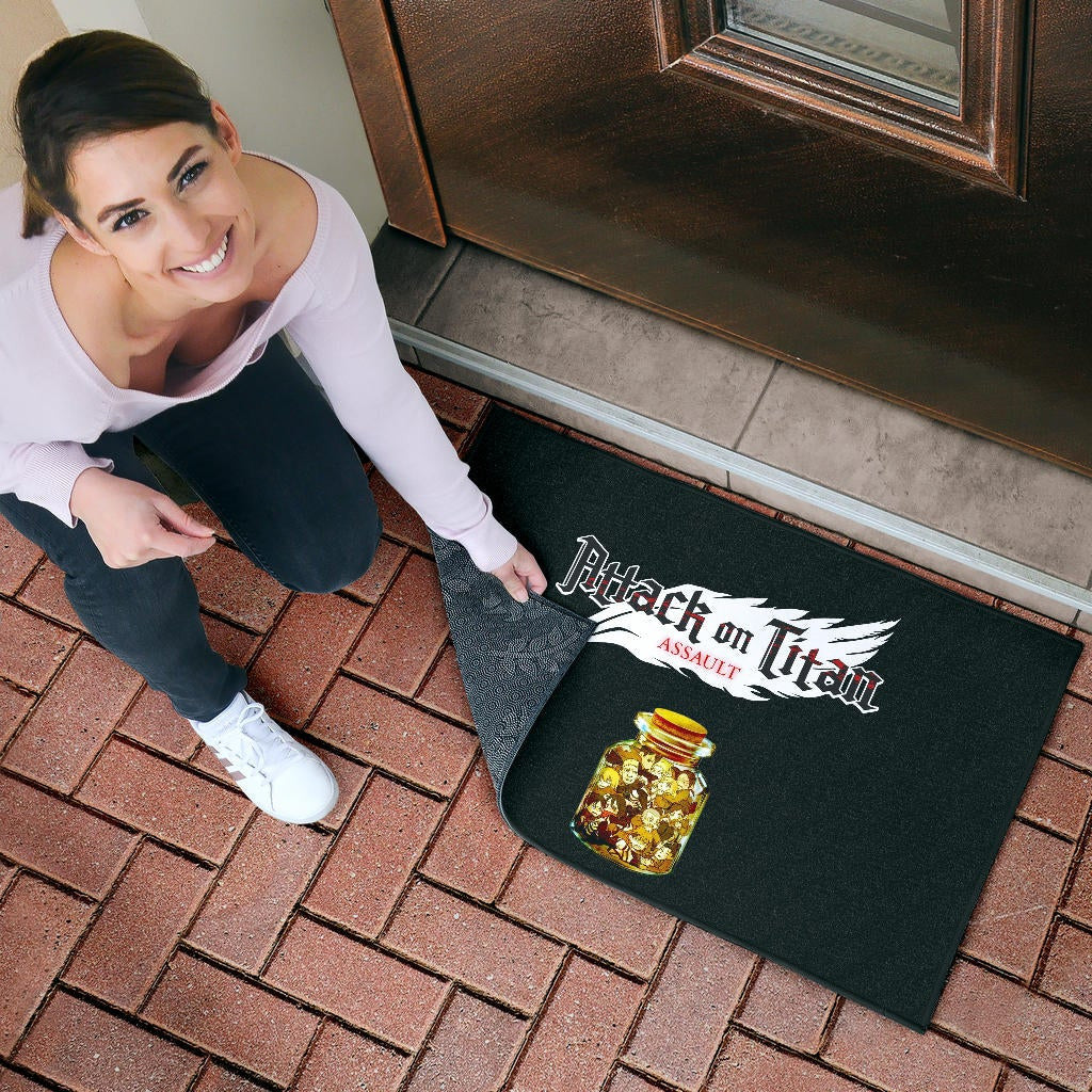 Attack On Titan Anime Door Mat - Funny Chibi Characters In Jar Bottle Trap Door Mat Home Decor