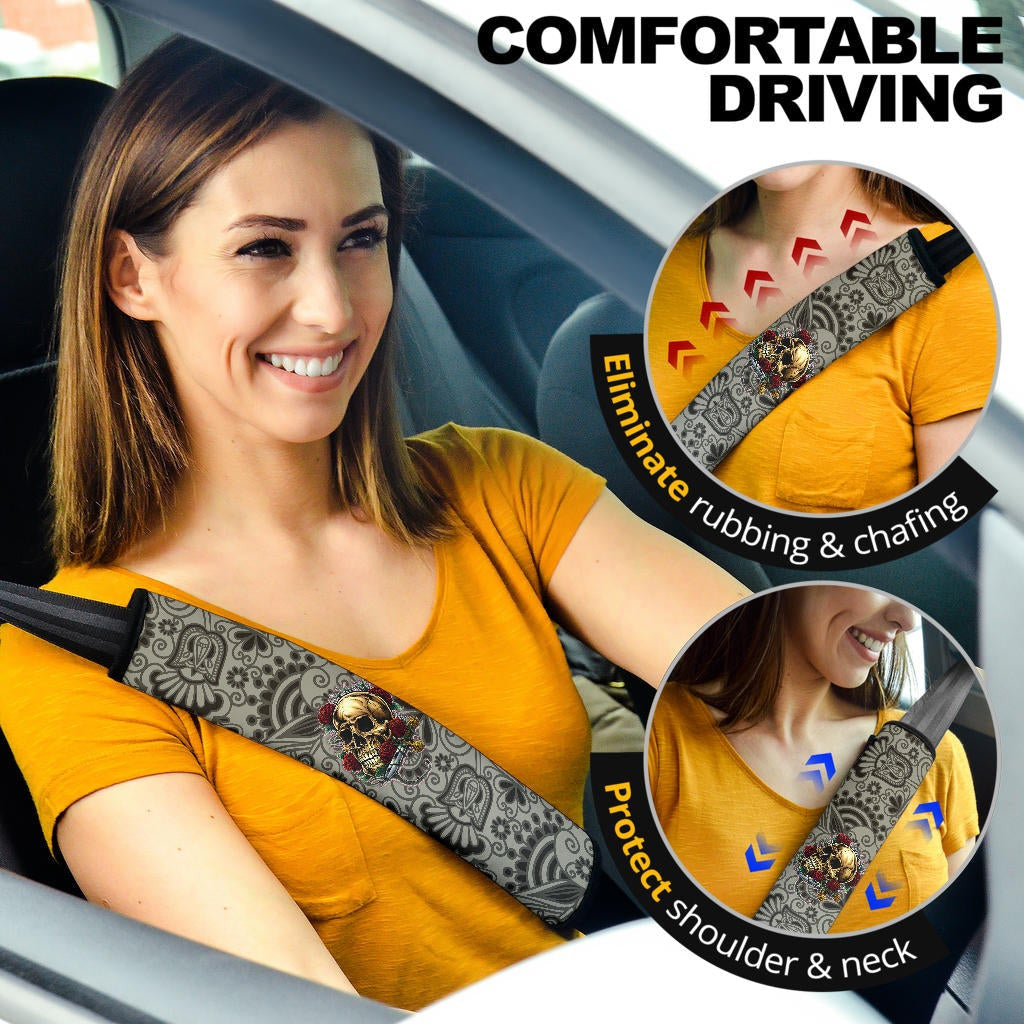 Valentine Seat Belt Covers - Golden Skull On Bunch Of Rose Flower Love Belt Covers