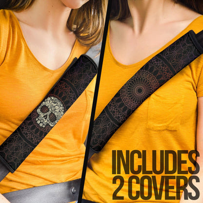 Skull Seat Belt Covers - Floral Gorgeous Mandala Skull Artwork Belt Covers