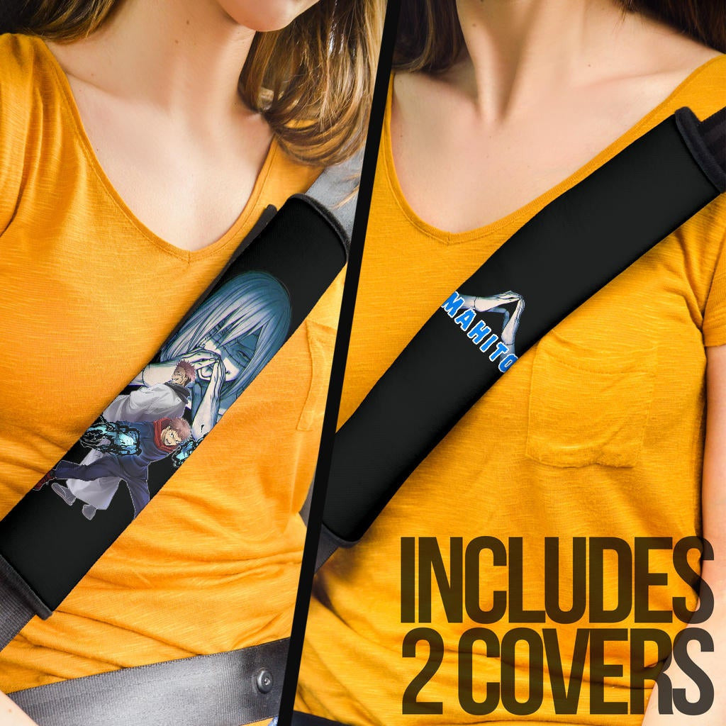 Jujutsu Kaisen Anime Seat Belt Covers - Sukuna Yuji Black Fire Vs Mahito Hand Sign Belt Covers