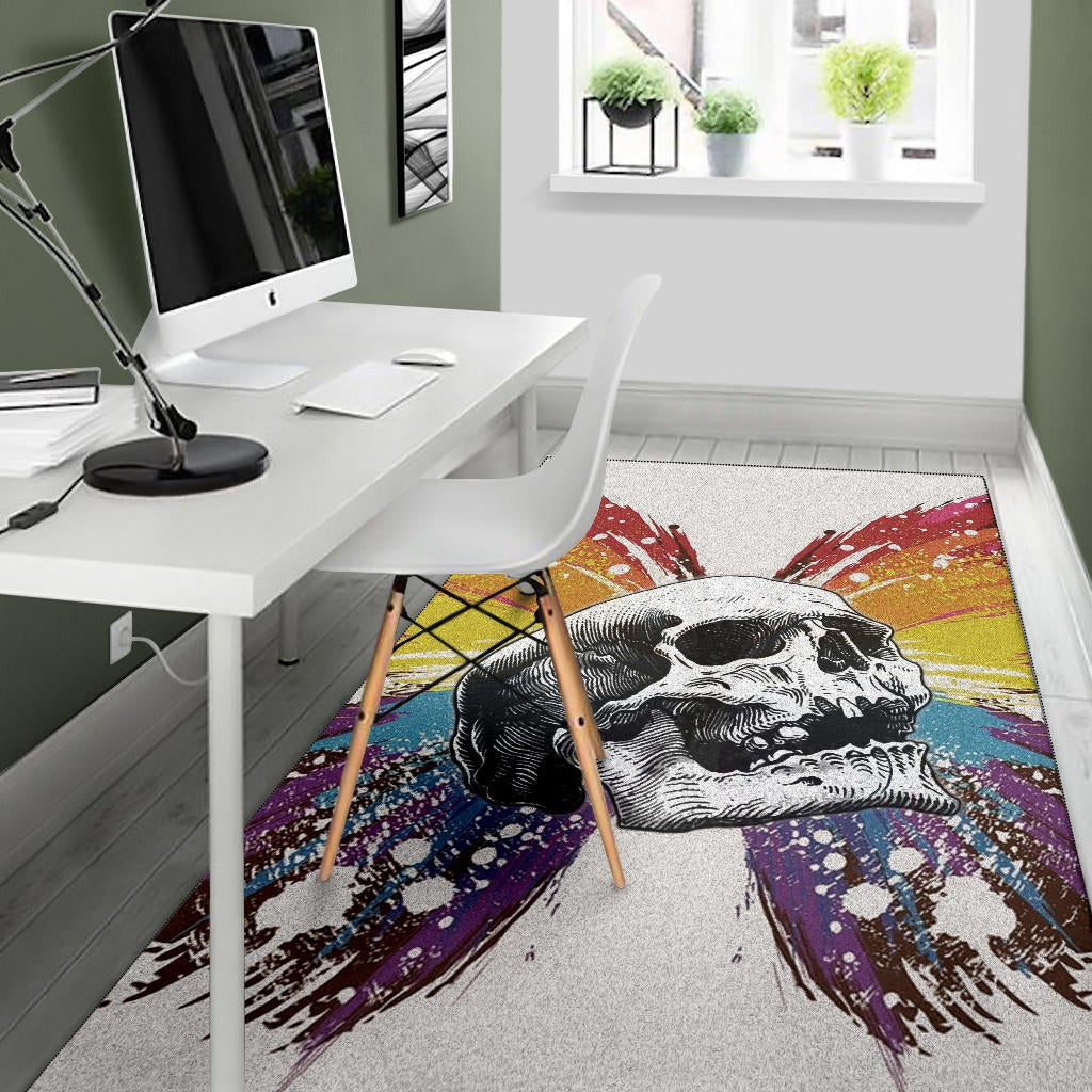 Skull Area Rug - Sickness Skull With Colorful Beautiful Butterfly Wings Rugs Home Decor