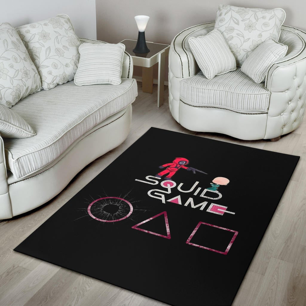 Squid Game Movie Area Rug - Chibi Squid Worker With Lost Player Rugs Home Decor