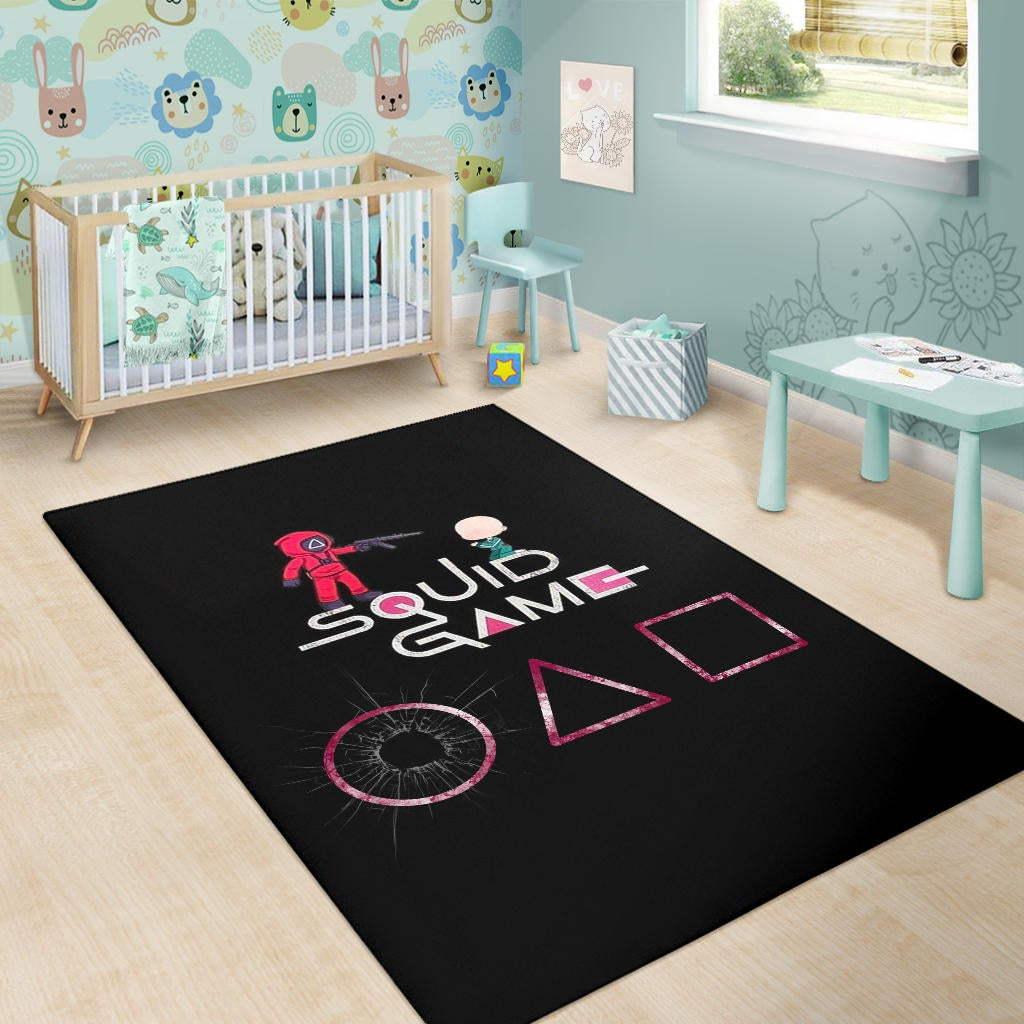 Squid Game Movie Area Rug - Chibi Squid Worker With Lost Player Rugs Home Decor
