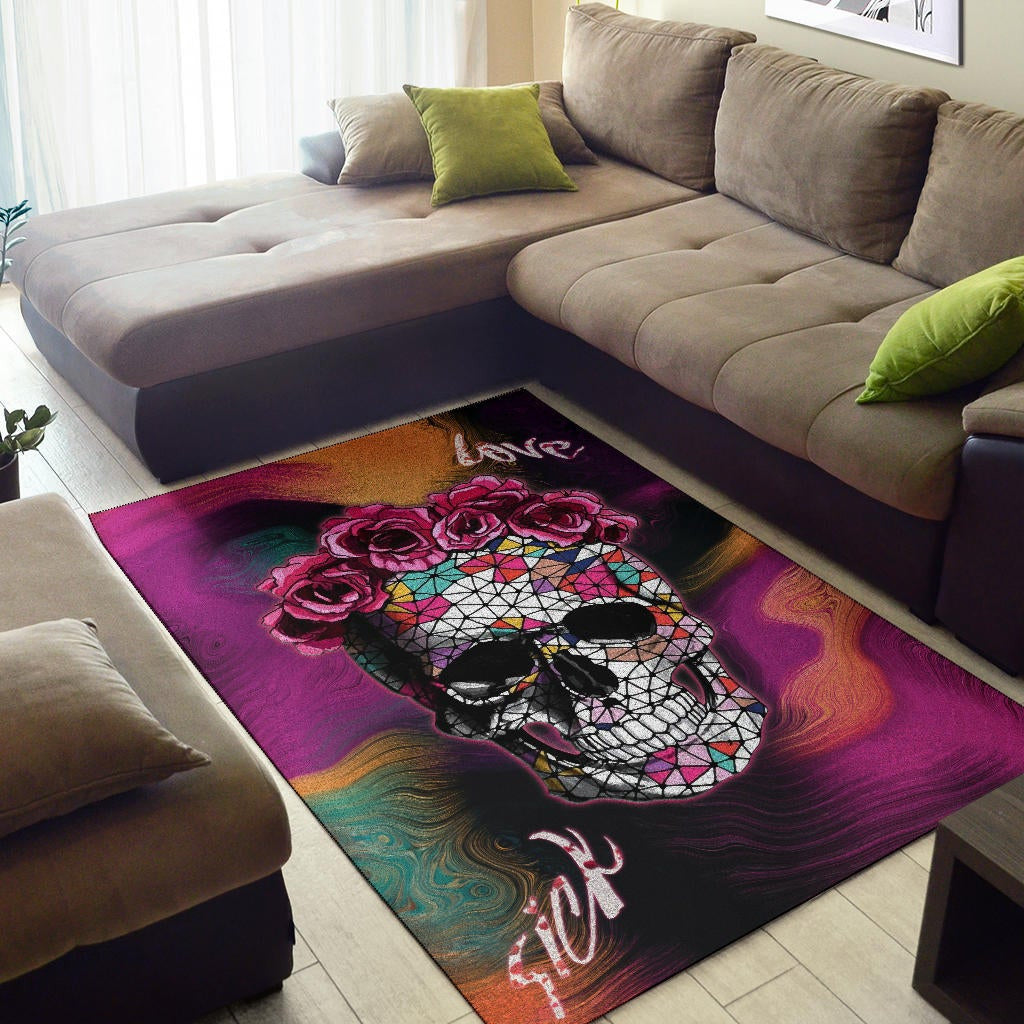 Valentine Area Rug - Mosaic Skull Wearing Rose Crown Sick Love Rugs Home Decor