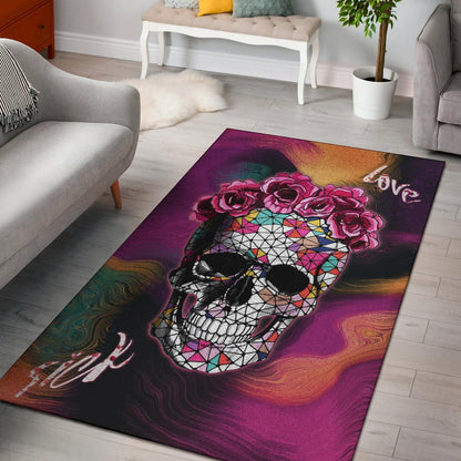 Valentine Area Rug - Mosaic Skull Wearing Rose Crown Sick Love Rugs Home Decor