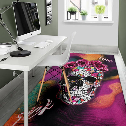 Valentine Area Rug - Mosaic Skull Wearing Rose Crown Sick Love Rugs Home Decor