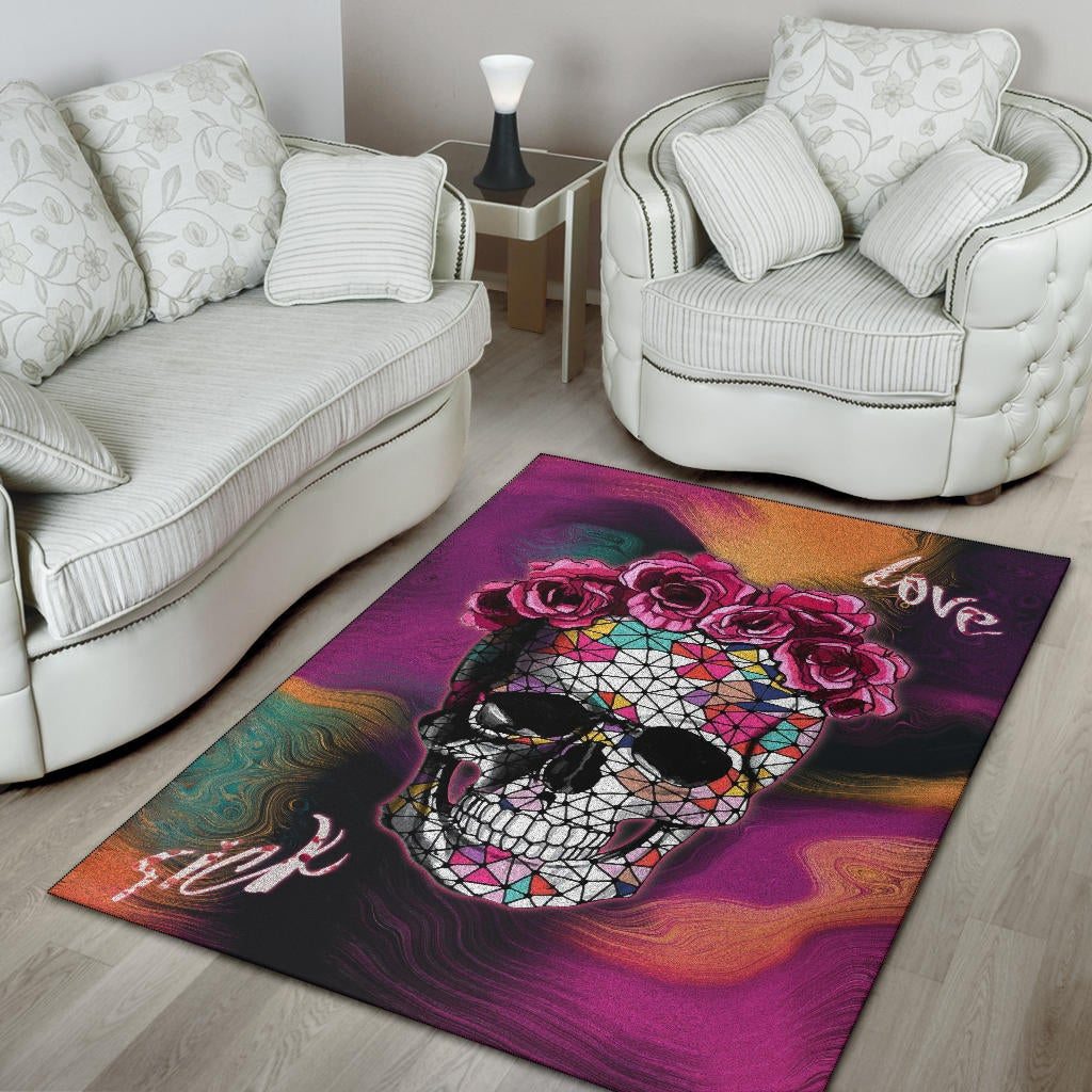 Valentine Area Rug - Mosaic Skull Wearing Rose Crown Sick Love Rugs Home Decor