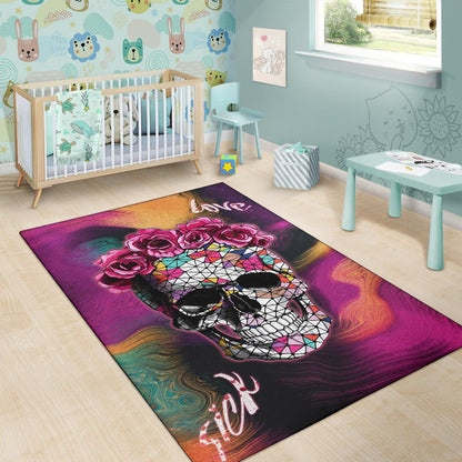 Valentine Area Rug - Mosaic Skull Wearing Rose Crown Sick Love Rugs Home Decor