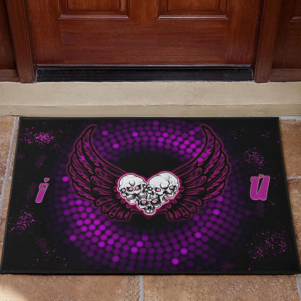 Valentine Door Mat - I Love You Purple Skull Heart With Wings Door Mat Home Decor