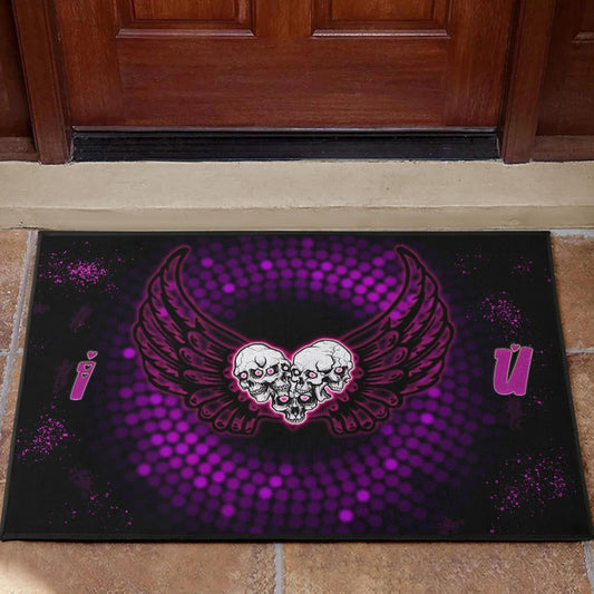 Valentine Door Mat - I Love You Purple Skull Heart With Wings Door Mat Home Decor