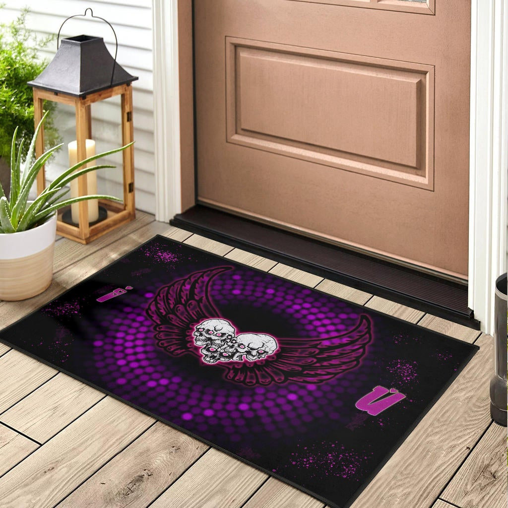 Valentine Door Mat - I Love You Purple Skull Heart With Wings Door Mat Home Decor