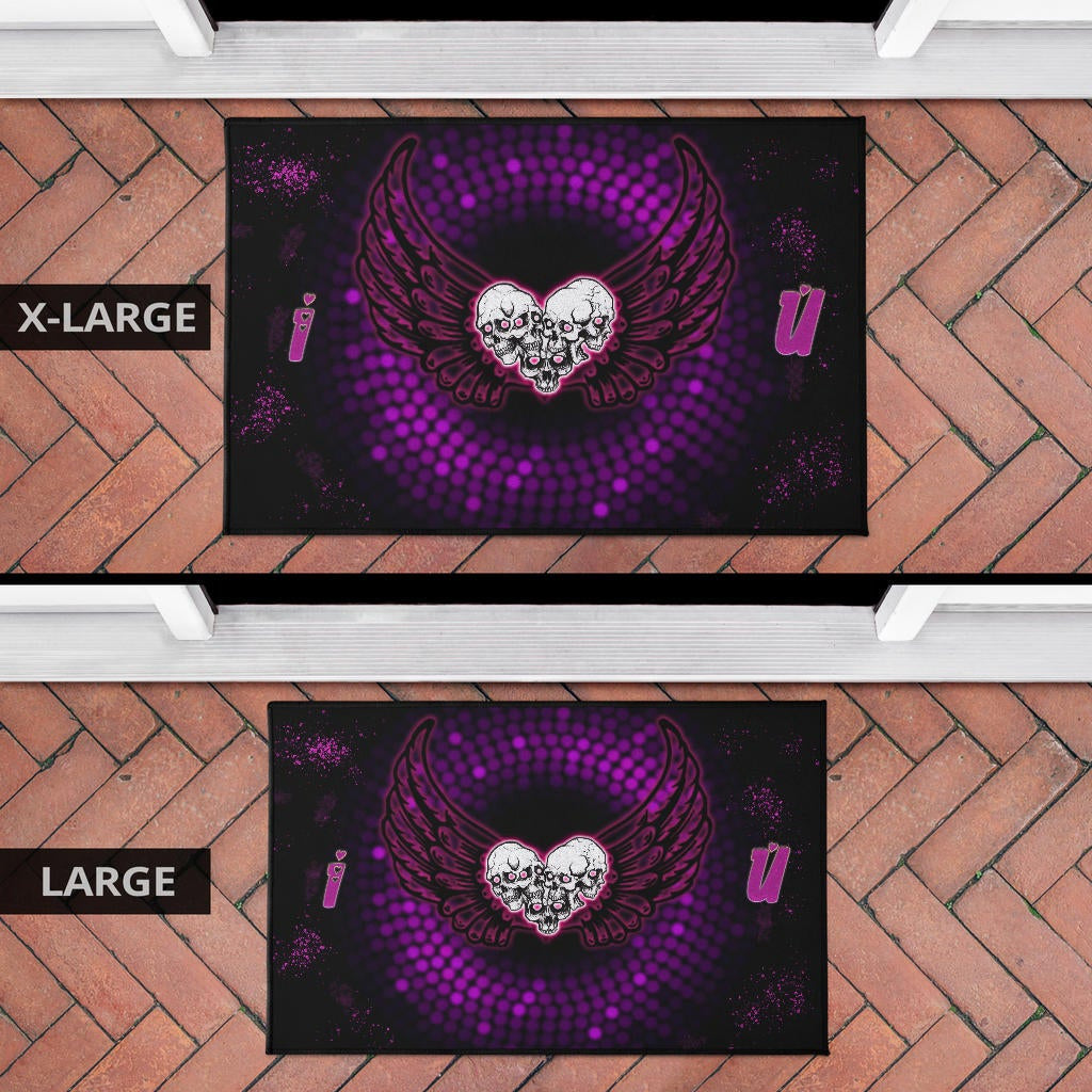 Valentine Door Mat - I Love You Purple Skull Heart With Wings Door Mat Home Decor