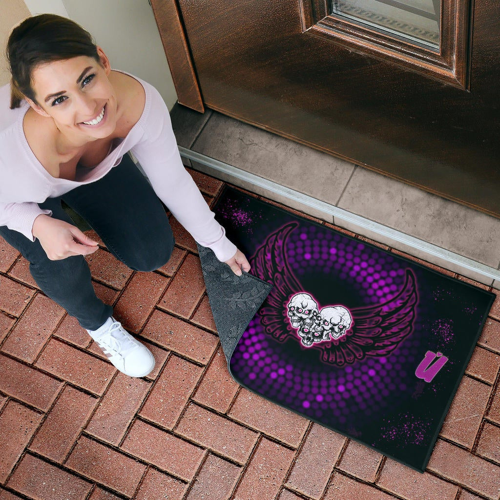 Valentine Door Mat - I Love You Purple Skull Heart With Wings Door Mat Home Decor