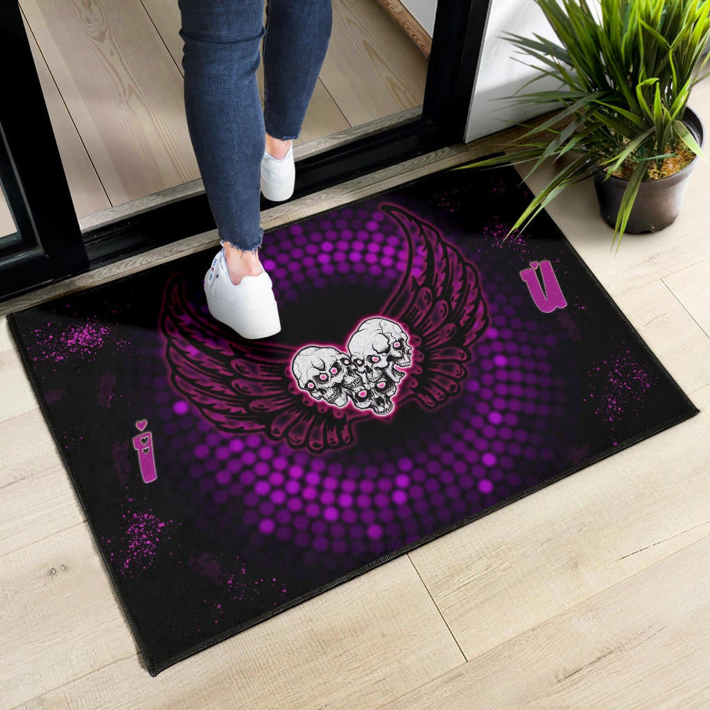 Valentine Door Mat - I Love You Purple Skull Heart With Wings Door Mat Home Decor