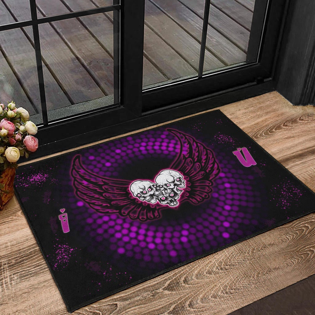 Valentine Door Mat - I Love You Purple Skull Heart With Wings Door Mat Home Decor