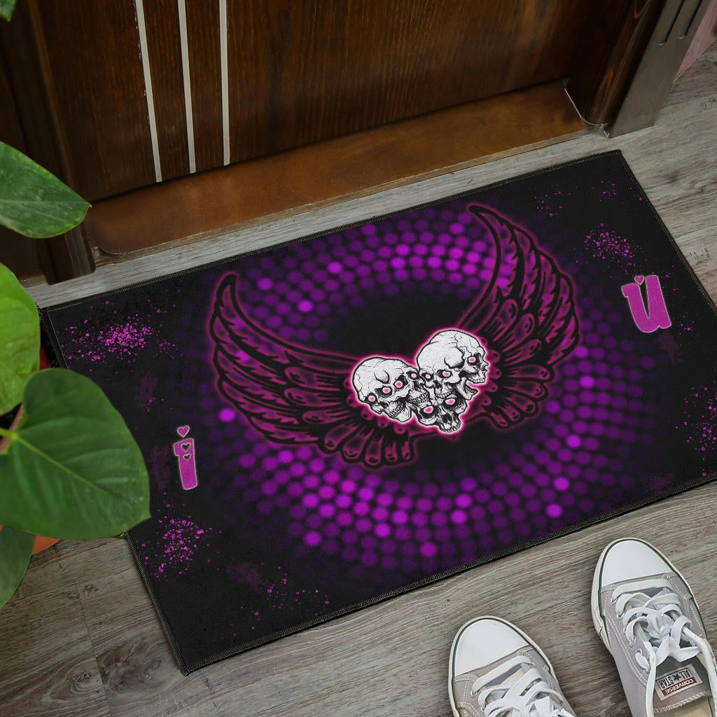 Valentine Door Mat - I Love You Purple Skull Heart With Wings Door Mat Home Decor