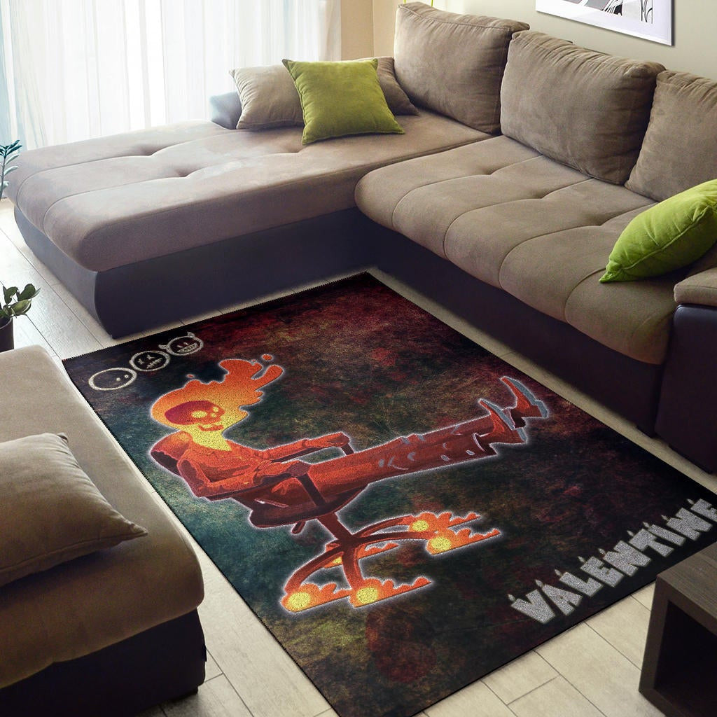 Skull Area Rug - Skeleton With Fire Head On Chair Valentine Text Candle Rugs Home Decor
