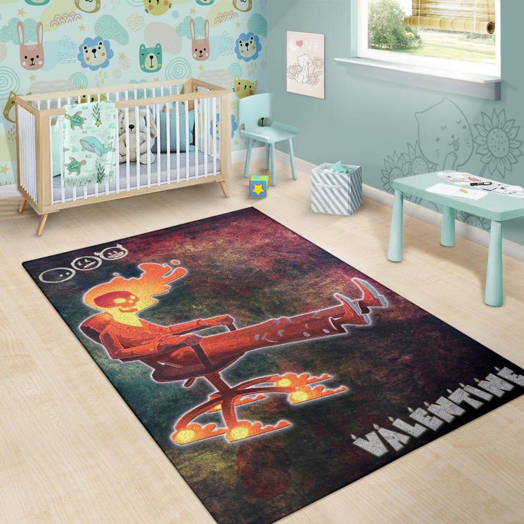 Skull Area Rug - Skeleton With Fire Head On Chair Valentine Text Candle Rugs Home Decor