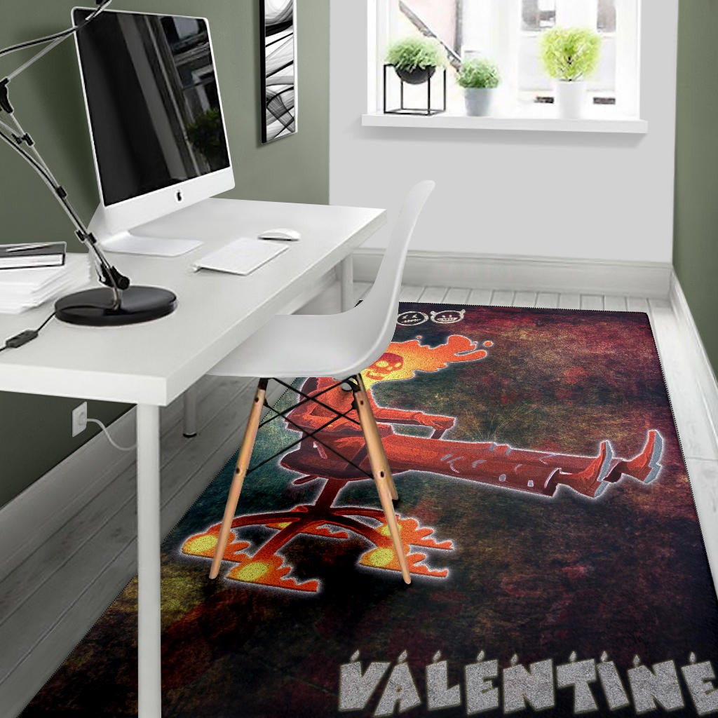 Skull Area Rug - Skeleton With Fire Head On Chair Valentine Text Candle Rugs Home Decor