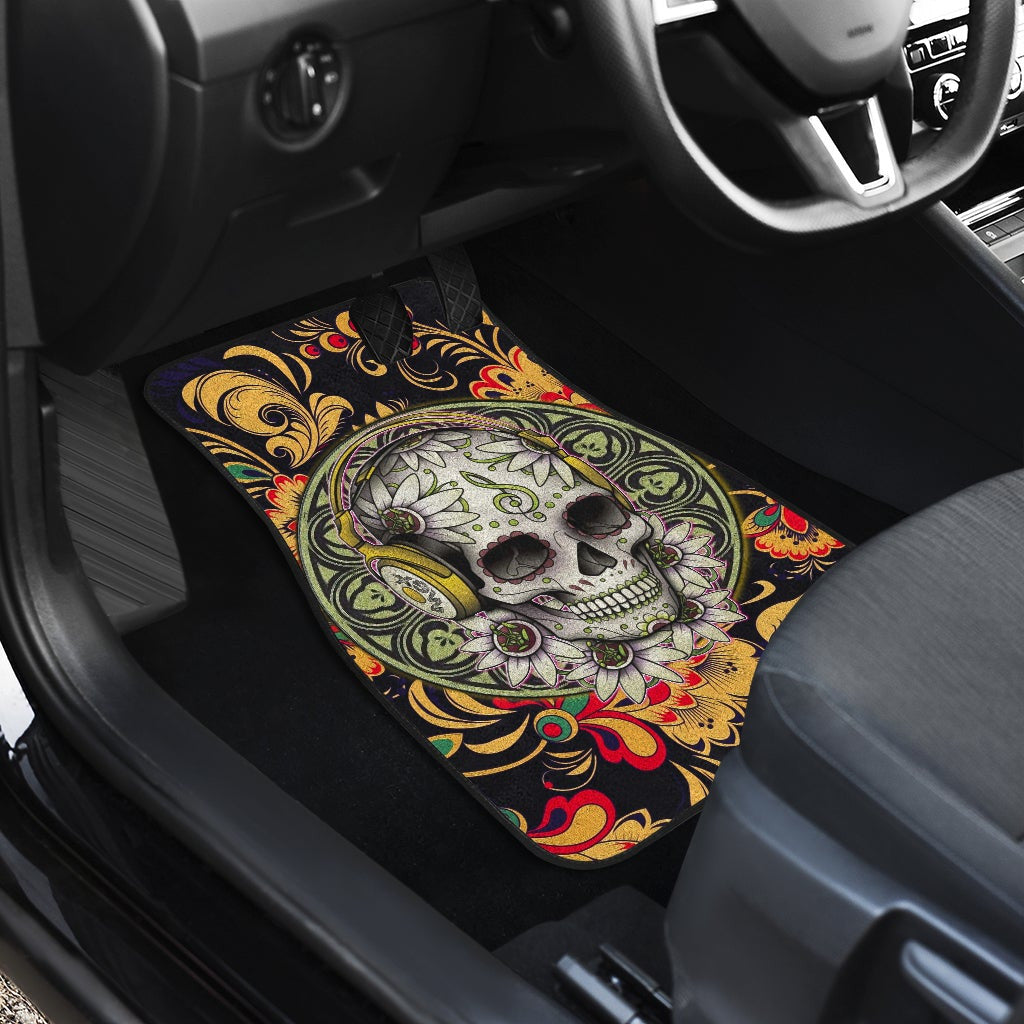 Mandala Skull Wearing Headphones Orange Artwork Car Mats