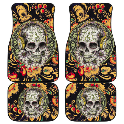 Mandala Skull Wearing Headphones Orange Artwork Car Mats