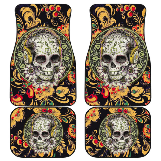 Mandala Skull Wearing Headphones Orange Artwork Car Mats
