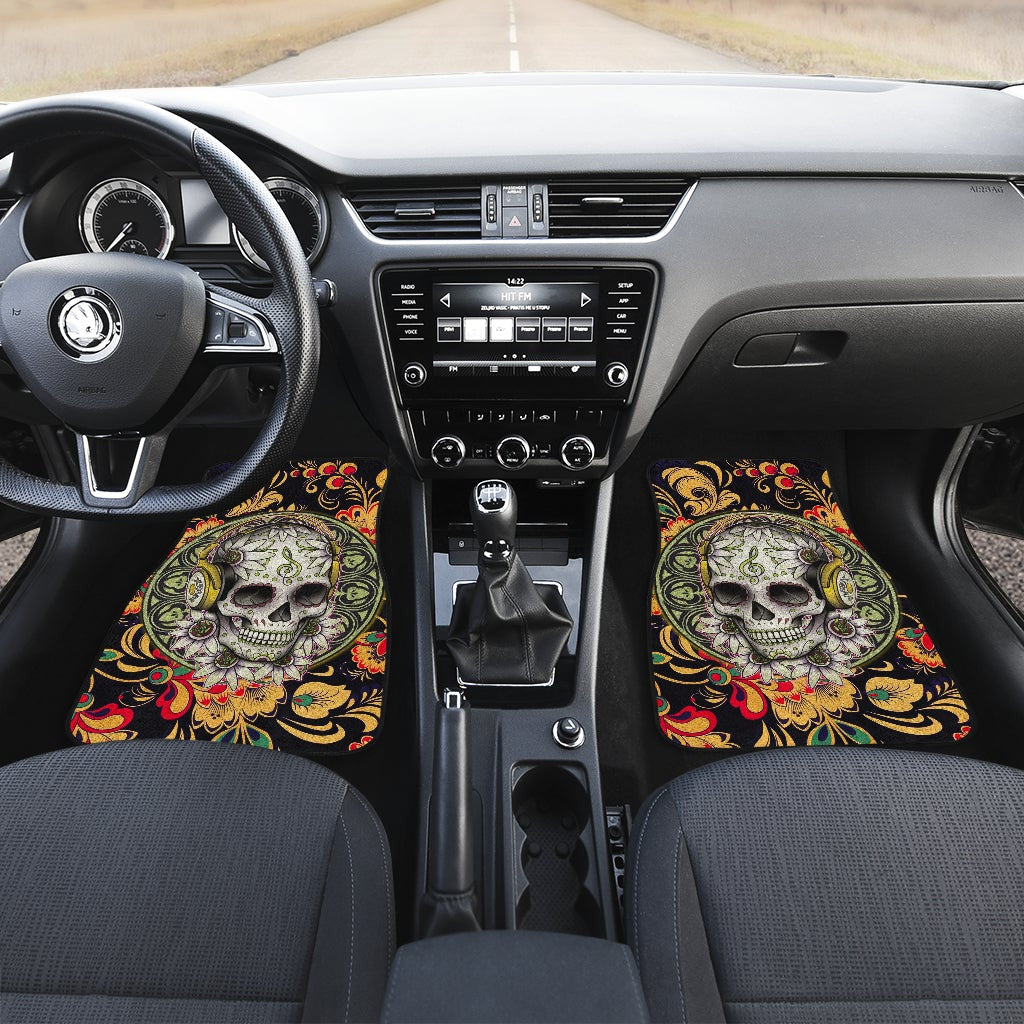 Mandala Skull Wearing Headphones Orange Artwork Car Mats