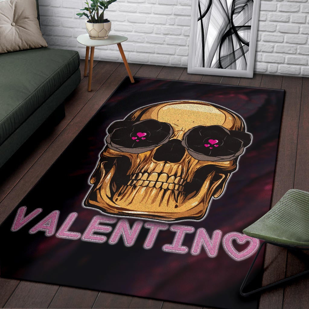 Skull Area Rug - Golden Skull Hearts Eyes Happy Valentino Rugs Home Decor