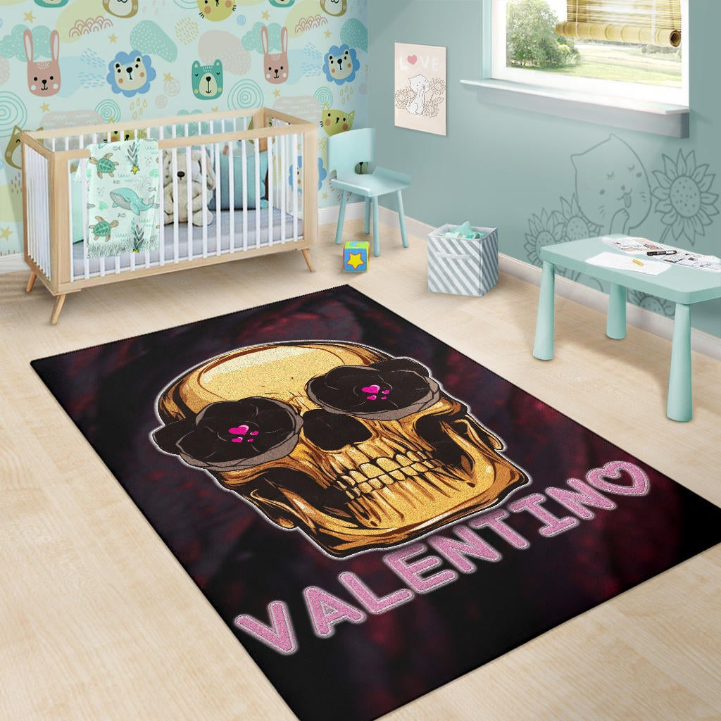 Skull Area Rug - Golden Skull Hearts Eyes Happy Valentino Rugs Home Decor