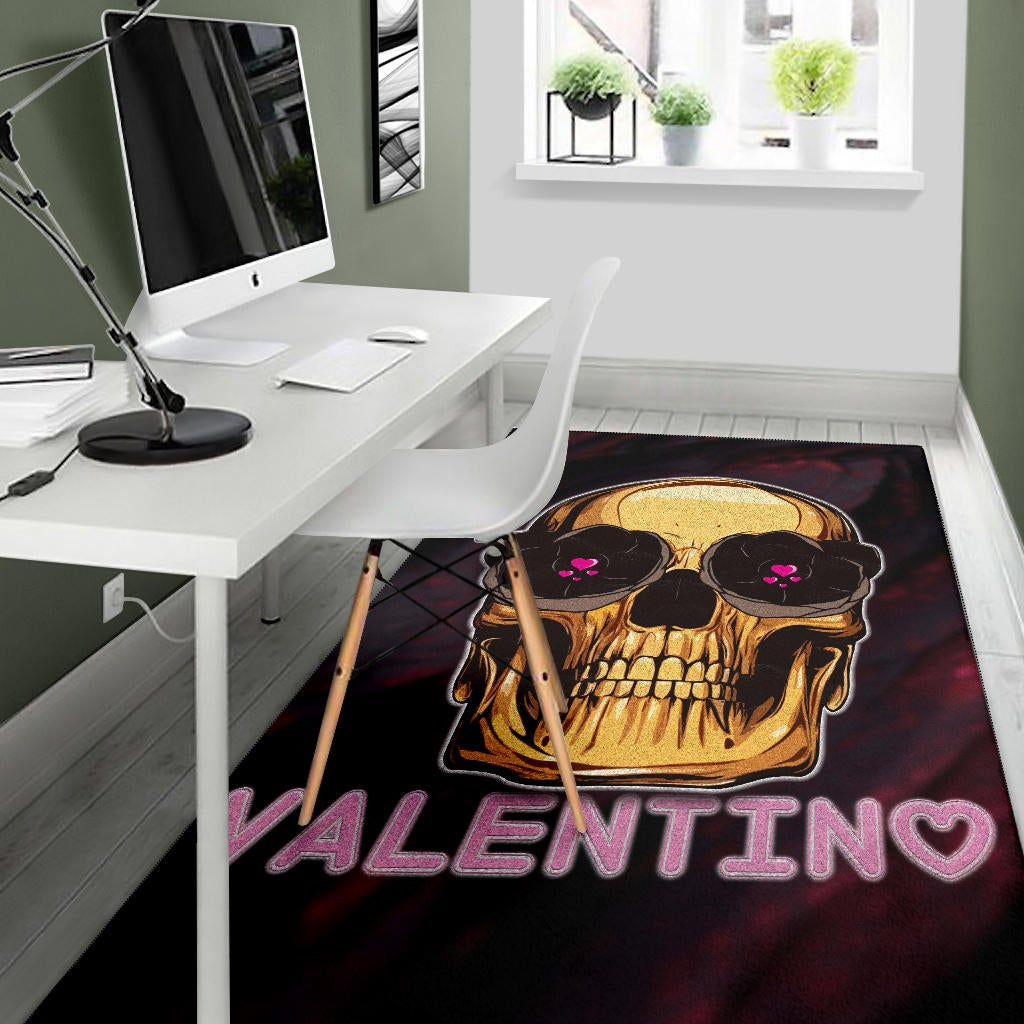 Skull Area Rug - Golden Skull Hearts Eyes Happy Valentino Rugs Home Decor