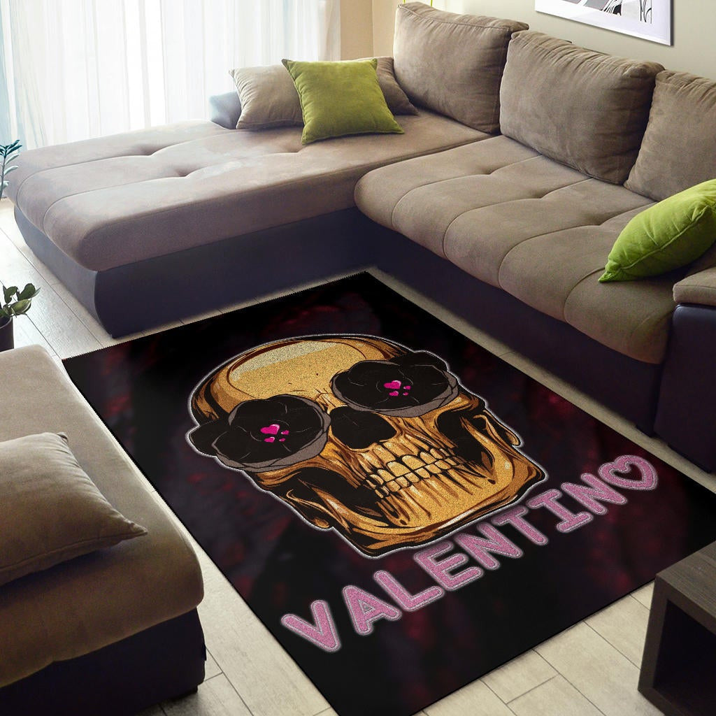 Skull Area Rug - Golden Skull Hearts Eyes Happy Valentino Rugs Home Decor