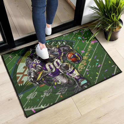 Baltimore Ravens American Football Team Door Mat Angry Muscle Raven Holding Rugby Ball Running On Field Door Mat Home Decor