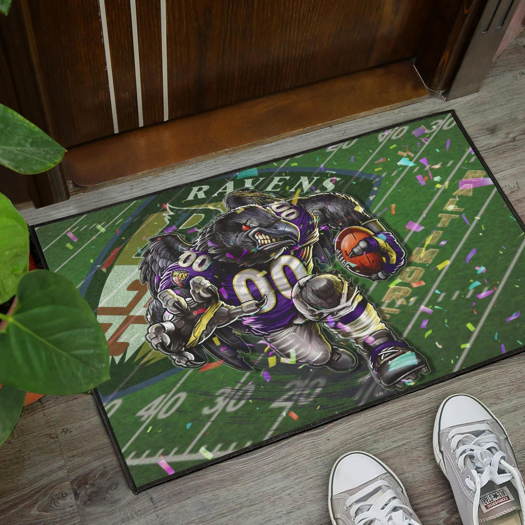 Baltimore Ravens American Football Team Door Mat Angry Muscle Raven Holding Rugby Ball Running On Field Door Mat Home Decor