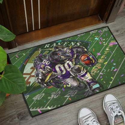 Baltimore Ravens American Football Team Door Mat Angry Muscle Raven Holding Rugby Ball Running On Field Door Mat Home Decor