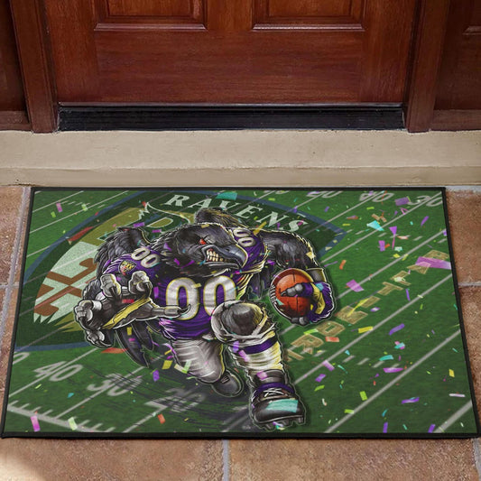 Baltimore Ravens American Football Team Door Mat Angry Muscle Raven Holding Rugby Ball Running On Field Door Mat Home Decor