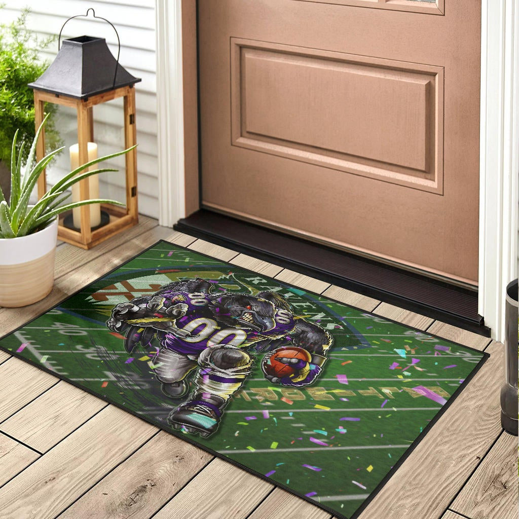 Baltimore Ravens American Football Team Door Mat Angry Muscle Raven Holding Rugby Ball Running On Field Door Mat Home Decor