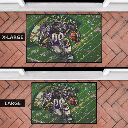 Baltimore Ravens American Football Team Door Mat Angry Muscle Raven Holding Rugby Ball Running On Field Door Mat Home Decor