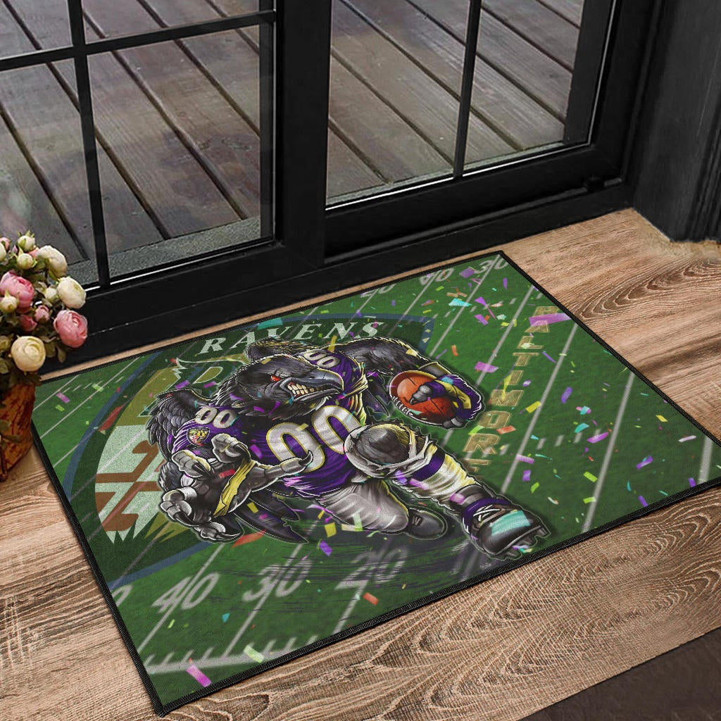 Baltimore Ravens American Football Team Door Mat Angry Muscle Raven Holding Rugby Ball Running On Field Door Mat Home Decor