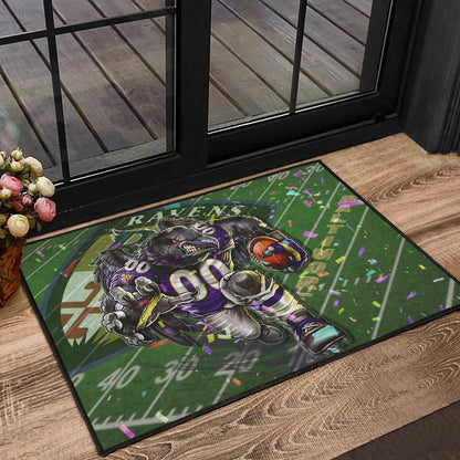 Baltimore Ravens American Football Team Door Mat Angry Muscle Raven Holding Rugby Ball Running On Field Door Mat Home Decor
